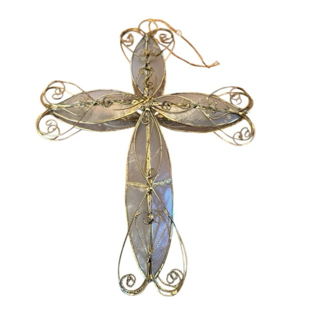 1990s Capiz Shell Gold Twisted Wire Filigree Cross Ornament Vintage